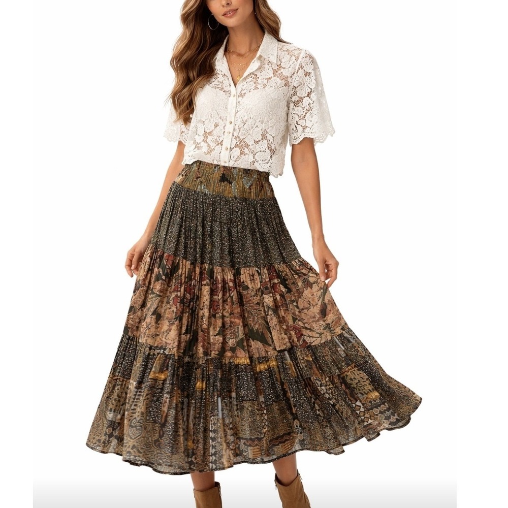 Prairie Fire Pleated 3 Tiered Boho Skirt Size One Size Fits Most